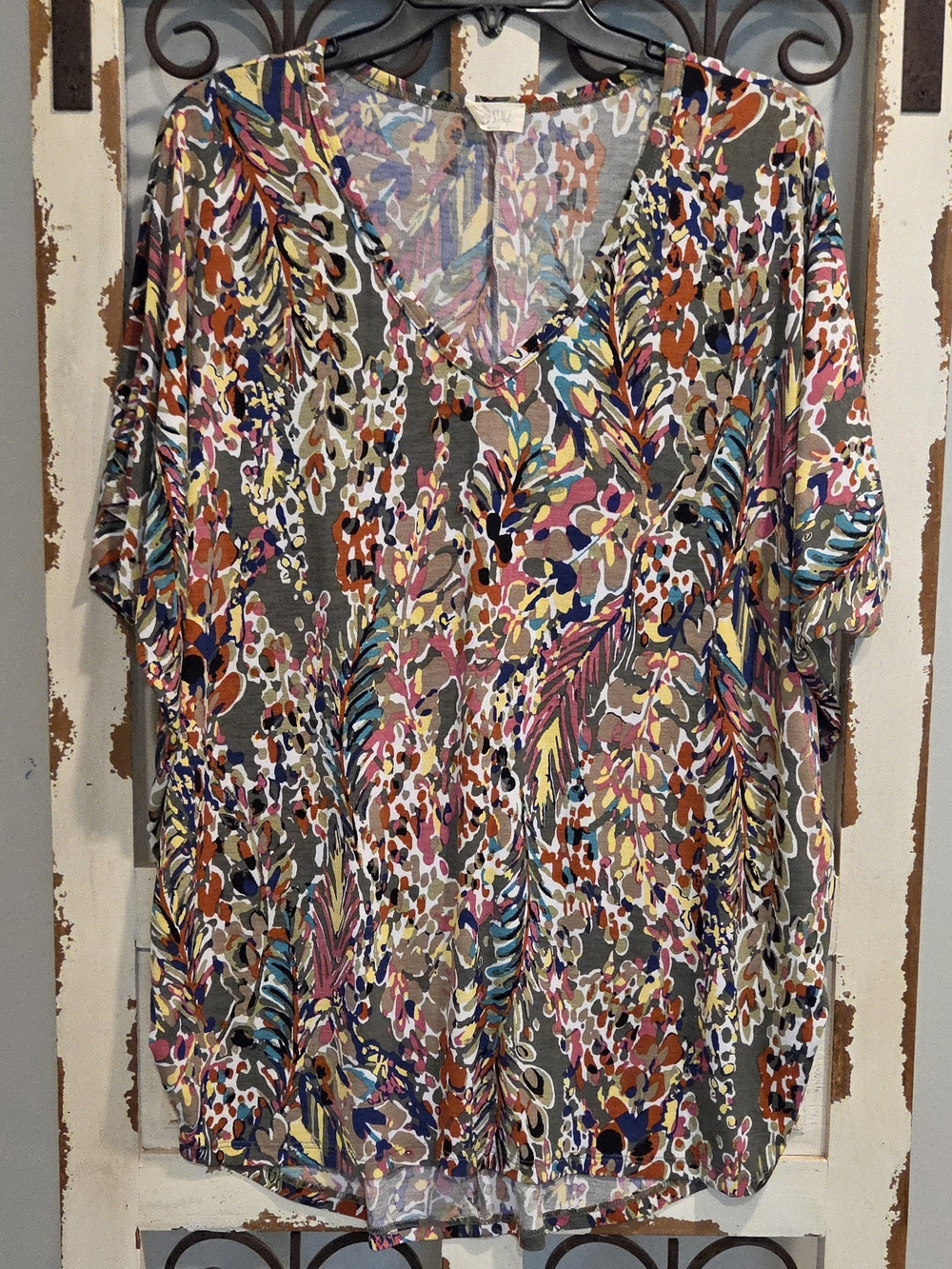 BE Stage Abstract Boutique Floral Boho Print Dolman Sleeve Tunic Top Women’s S